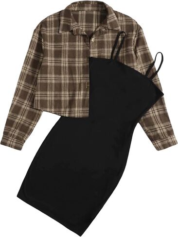 Floerns Women's 2 Piece Outfit Cami Dress with Plaid Print Jacket Outerwear in Kuwait