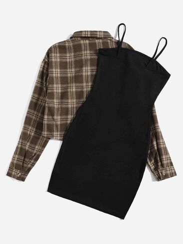 Floerns Women's 2 Piece Outfit Cami Dress with Plaid Print Jacket Outerwear in Kuwait