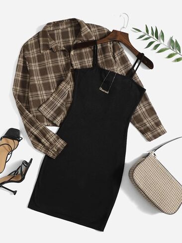 Floerns Women's 2 Piece Outfit Cami Dress with Plaid Print Jacket Outerwear in Kuwait