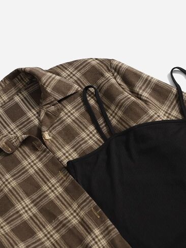 Floerns Women's 2 Piece Outfit Cami Dress with Plaid Print Jacket Outerwear in Kuwait