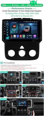 ترقية راديو السيارة ASURE 9 بوصة لسيارة Dodge Ram 1500 2500 3500 Pickup 2013-2018 مع تيار متردد يدوي، 8Core 4G+64G وحدة قياس الملاحة GPS Android، Carplay وجهاز استقبال ستيريو Android التلقائي، شاشة لمس عالية الدقة 1280x720 in Kuwait