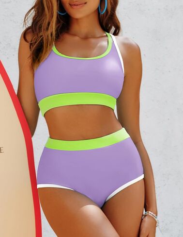 Hanna Nikole Women's High Waisted Bikini Sets Sporty Two Piece Swimsuits Color Block Bathing Suit Cheeky Swimwear in Saudi Arabia