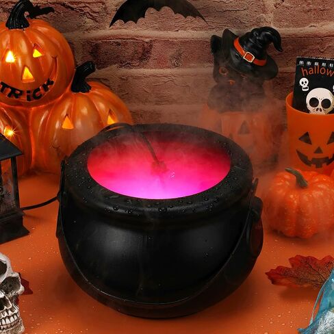 Shappy Halloween Witch Cauldron 8" Black Cauldron with Mist Maker Fogger and Cover 12 LED Light Color Change Pond Fogger Misting Cauldron Halloween Decor Fog Machine for Holiday Party(Black) in Saudi Arabia