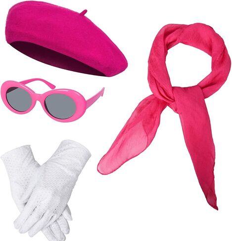Women Girls French Themed Party Beret Hat Chiffon Scarf Gloves Retro Oval Sunglasses Fancy Dress Costume Set in Saudi Arabia