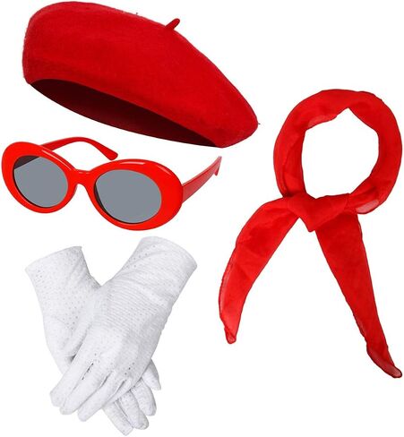 Women Girls French Themed Party Beret Hat Chiffon Scarf Gloves Retro Oval Sunglasses Fancy Dress Costume Set in Saudi Arabia