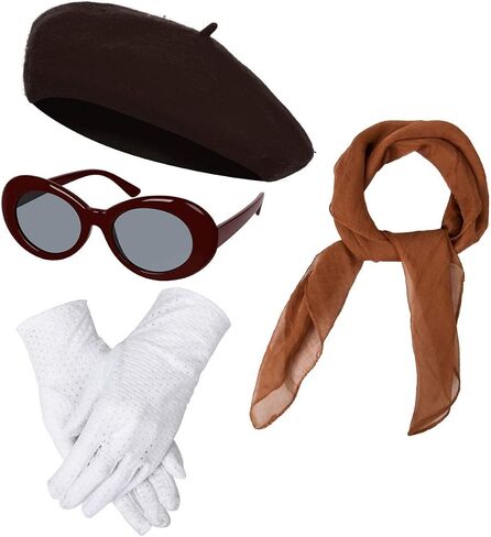 Women Girls French Themed Party Beret Hat Chiffon Scarf Gloves Retro Oval Sunglasses Fancy Dress Costume Set in Saudi Arabia