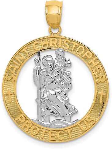 Saint Christopher Protect Us Words on Open Round Medal Pendant in Real 14k Gold in Saudi Arabia
