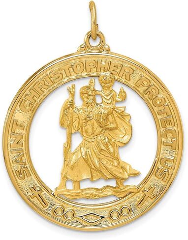 Saint Christopher Protect Us Words on Open Round Medal Pendant in Real 14k Gold in Saudi Arabia
