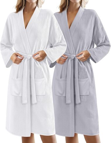 Ficerd 2 Pack Women's Waffle Knit Robes, Soft Lightweight Full-Length Kimono Bathrobes Unisex Loungewear with Side Pockets in Kuwait