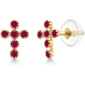 Gem Stone King 14K Gold Cross Stud Earrings | Jesus Christian Reiligous Crucifix Jewelry Earrings | Lab Grown Diamond Created Ruby or Created Sapphire Gold Earrings For Women Men