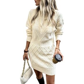 Angashion Sweater Dress for Women - 2024 Fall Winter Long Sleeve Crewneck Slim Fit Diamond Knit Casual Mini Pullover Top