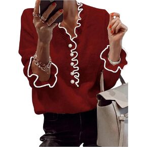 MakeMeChic Women's Pearl Beaded Long Sleeve Sweater V Neck Ruffle Trim Knitted Pullover Tops