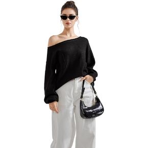 SUUKSESS Women Off The Shoulder Knitted Sweaters Long Sleeve Crew Neck Oversized Pullover Sweater Tops