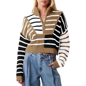 Saodimallsu Womens Striped Cropped Sweater Color Block Zip Up Long Sleeve Mock Neck Loose Pullover Jumpers in Kuwait
