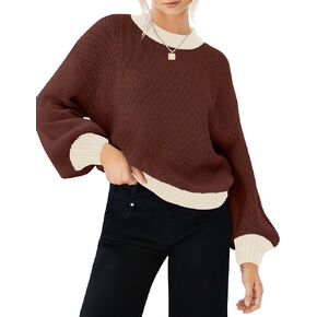 ZESICA Women's Casual Long Sleeve Crew Neck Pullover 2025 Spring Ribbed Knit Loose Contrast Color Sweater Tops