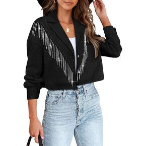 Nlife Womens Corduroy Crop Shirt Jacket Sparkly Rhinestone Fringe Shackets Nashville Concert Outfits Tassel Short Coats
