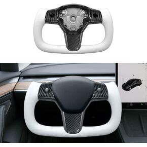 YAMUDA Compatible with Model 3 and Model Y of all years Modified Carbon Fiber Steering Wheel Aircraft Disc Square White