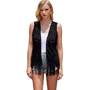Cowgirl Western Fringe Vest Women Faux Suede Sleeveless Vest Jacket Cardigan 70s Country Concert Outfits Costume Hippie