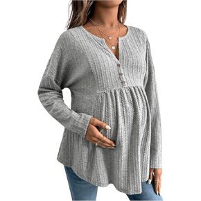 OYOANGLE Women's Maternity Shirts Long Sleeve Half Button Ribbed Knit Nursing Tee Shirts Pregnancy Tops