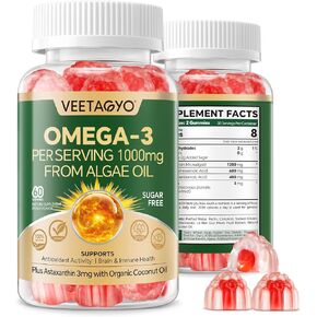 Vegan Omega 3 Gummies 1200mg - Dual Layer - Fish Oil Alternative, Marine Algae Omega 3 Supplement DHA 600mg, EPA 400mg with Astaxanthin for Antioxidant,Brain,Bone,Joint,Eye,Sugar Free,60 Cts