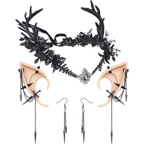 MOSTORY Gothic Renfaire Costume Women - Black Antler Crown and Elf Ears with Punk Dangle Piercings Set for Women Witch Fairy Crown and Elf Ears Set for Renaissance Accessory Halloween
