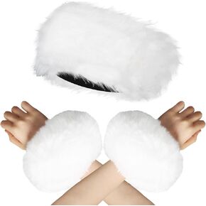 Women's Faux Fur Wrist Cuff Headband Set with Elastic Winter Earmuff Hat Wrist Cuffs Furry Bands Ear Warmer Costumes
