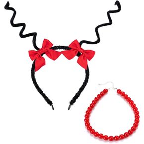 4PCS Christmas Costume Accessories Handmade Antenna Headband Hair Bow Clips Red Necklace Halloween Book Character Set