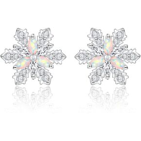 Sterling Silver Snowflake Stud Earrings - Opal Snow Hypoallergenic Earrings with CZ Christmas Winter Holiday Jewelry Gift for Women Snow Lovers