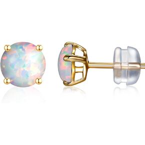 GW Stud Earrings for Women Gold Opal Earrings with 6 MM Round Opal and Ear Stud Earing Jewelry for Lady Daily Wear Party Wedding, White Opal 14K