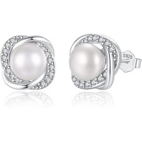 Pearl Earrings for Women Freshwater Cultured Pearl Stud Earrings 925 Sterling Silver Cubic Zirconia Stud Earrings for Mother Her