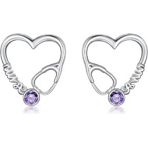 Amethyst Nurse Earrings for Women 925 Sterling Silver Stethoscope Studs Earrings Graduation Jewelry for Nurse Doctor Medical Student