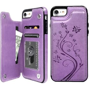 Compatible with iPhone 7 Card Holder Case, iPhone 8 Wallet Case Embossed Butterfly Slim Folio Leather Cover Shockproof Shell with Credit Card Slot Protective Skin for iPhone 7 & 8,Gray