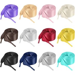 12 Pairs 47" Flat Satin Ribbon Shoelaces 3/4" Wide Colorful Silk Shoe Laces Shoestrings for Women Girls Sneakers Skate Boots Sport Shoes