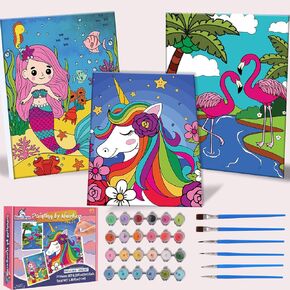 Kids Paint By Number Kits Age 8-12, 3 Pack 8x10 Inch Framed Canvas With 24 Acrylic Paint Pots, 6 Brushes For Kid, Painting Kits For Kids, Crafty By Numbers With Paint, 6-10 Year Old Girl Birthday Gift