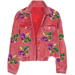 happlan Women's Sequin Embroidery Cropped Frayed Hem Vintage Washed Corduroy Jacket Coat Shacket for Women