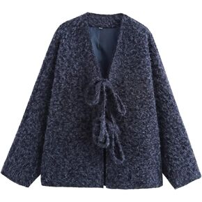 Wyeysyt Womens Fuzzy Tie Front Jacket Oversized V Neck Long Sleeve Causal Coat Bow Furry Jacket Outerwear