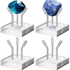 Weysat 4 Pack Clear Acrylic Display Stand, Metal 3 Peg Rock Display Easel Stands for Fossil Coral Crystal Geodes Rock Mineral Agate Small Collectibles Acrylic Holder