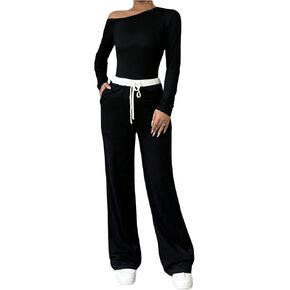 GORGLITTER Women's 2 Pieces Set Long Sleeve Sweatshirts and Drawstring Sweatpants Set Streetwear