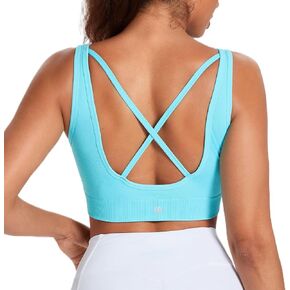 Women Padded Longline Yoga Sports Bra,Sexy V-Neck Strappy Criss Cross Back Seamless Wireless Bralette Workout Top