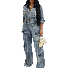 Molilove Women's Two Piece Denim Outfits Long Sleeve Cropped Jean Jacket Cargo Pants with Pockets Y2K Tracksuit Set