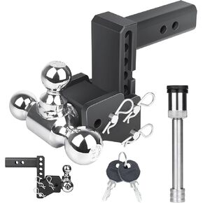 Adjustable Trailer Hitch, Drop Hitch with 2“ Receiver, 7" Drop/Rise, 1-7/8“, 2" and 2-5/16" Ball Hitch for Trucks, 10,000 LBS GTW, Trailer Hitches with Anti-Theft Pin, Black