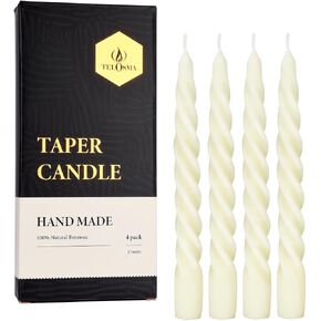 Beeswax Taper Candles Set of 4,Spiral Taper Candle Dripless Short Candle Sticks for Dinner Wedding Party Christmas Home Decorations - 7 inch in Height- Off White
