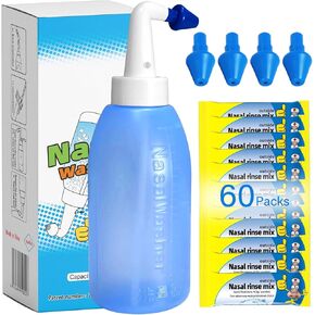 Neti Pot Sinus Rinse Bottle with 60 Nasal Wash Salt Packets,Nose Wash Cleaner Pressure Rinse Nasal Irrigation for Adult & Kid BPA Free 300 ML with Sticker Thermometer and Storage Bag
