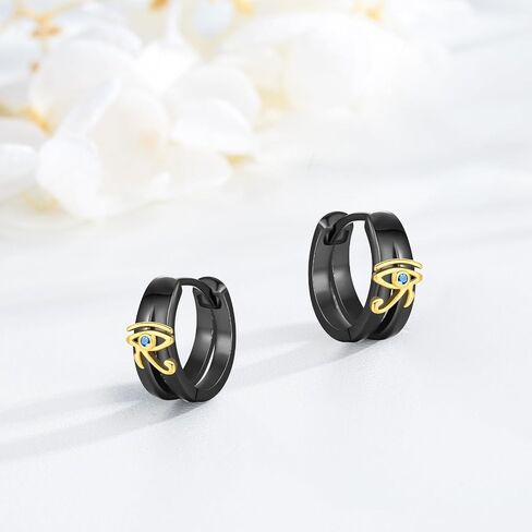 Midir&Etain Black Double Hoop Earrings 925 Sterling Silver Eye of Horus Hoop Huggie Earrings Protection Christmas Gifts Egyptian Jewelry for Men Women Christmas Stocking Stuffers in Saudi Arabia