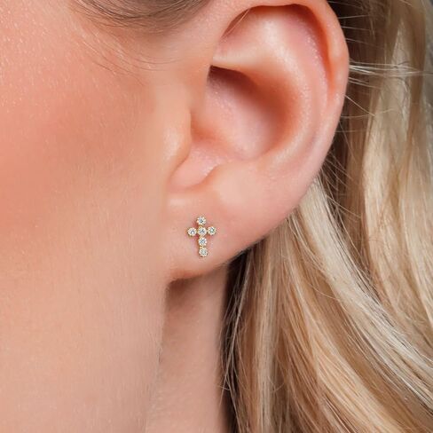 Gem Stone King 14K Gold Cross Stud Earrings | Jesus Christian Reiligous Crucifix Jewelry Earrings | Lab Grown Diamond Created Ruby or Created Sapphire Gold Earrings For Women Men in Saudi Arabia