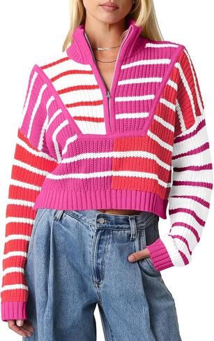 Saodimallsu Womens Striped Cropped Sweater Color Block Zip Up Long Sleeve Mock Neck Loose Pullover Jumpers in Saudi Arabia