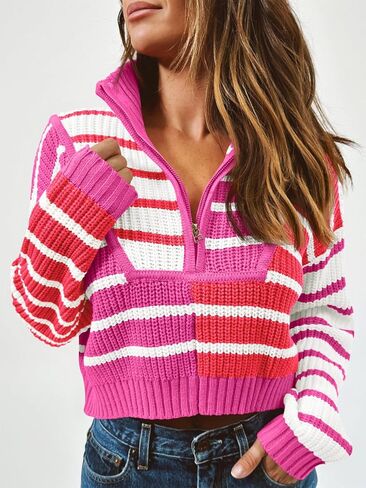 Saodimallsu Womens Striped Cropped Sweater Color Block Zip Up Long Sleeve Mock Neck Loose Pullover Jumpers in Saudi Arabia