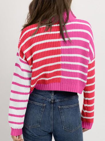 Saodimallsu Womens Striped Cropped Sweater Color Block Zip Up Long Sleeve Mock Neck Loose Pullover Jumpers in Saudi Arabia