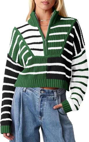 Saodimallsu Womens Striped Cropped Sweater Color Block Zip Up Long Sleeve Mock Neck Loose Pullover Jumpers in Saudi Arabia