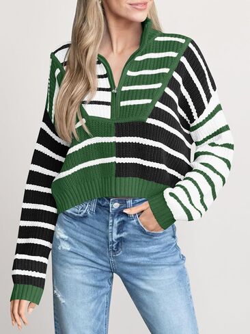 Saodimallsu Womens Striped Cropped Sweater Color Block Zip Up Long Sleeve Mock Neck Loose Pullover Jumpers in Saudi Arabia